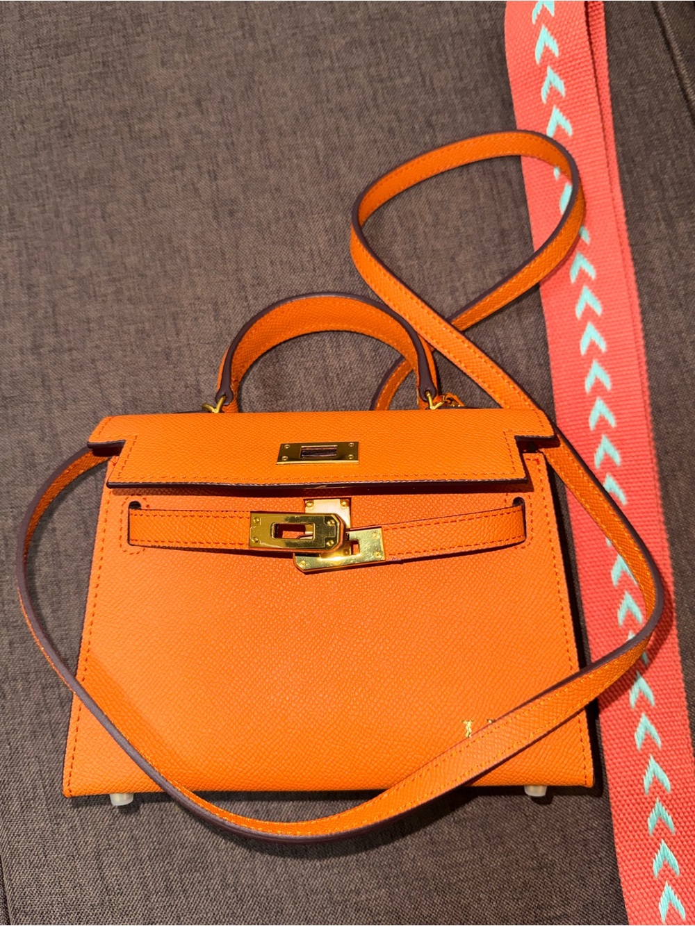 Orange Leather Mini Top-Handle Crossbody Bag with Gold Hardware